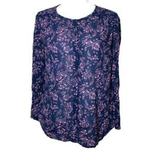 Hinge Floral Navy Pink Button Up Long Sleeve Lightweight Blouse Boho‎ Top Small